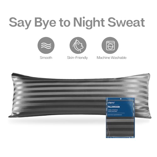 Image of MR&HM Satin Body Pillow Cover, Soft and Breathable Body Pillow Case with Envelope Closure, Cooling and Silky Long Pillowcase for Hair and Skin,Grey (20x54, Dark Grey Striped)