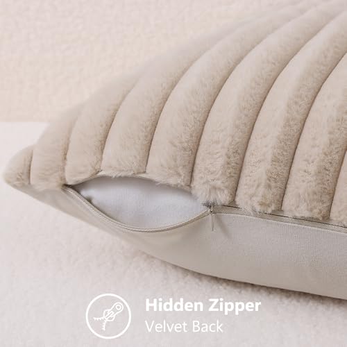 Image of decorUhome Fall Cozy Faux Fur Throw Pillow Covers 20x20 Set of 2 Decorative Soft Plush Striped Modern Farmhouse Boho Couch Pillow Cases with Velvet Back for Sofa Bed Living Room, Beige