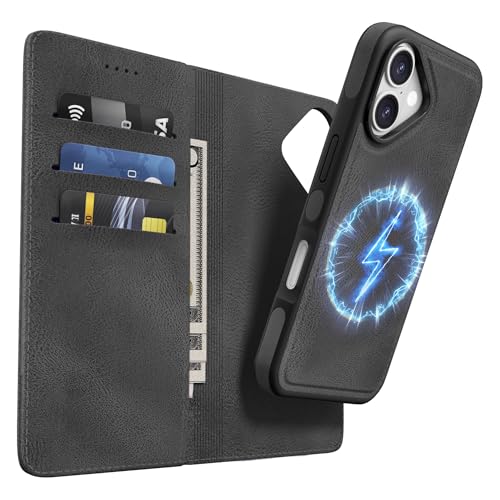 Coque pour iPhone 17 avec étui à rabat amovible 2 en 1 en cuir PU noir anti-chocs