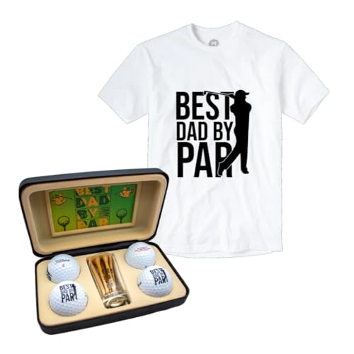 GBM Best Dad By Par Golf Gift Set with T-Shirt – TruFeel Golf Balls, Printed Tees, Shot Glass & Picture Frame, Premium Golf Gift Box for Father’s Day, Birthday & Golf Lovers