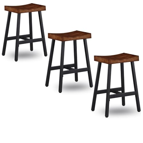 KORZEY Bar Stools Set of 3, Backless Saddle Barstools, 25" Solid Wood Counter Height Kitchen Bar Stool, Wooden Seat with Black Metal Frame, BS521P3