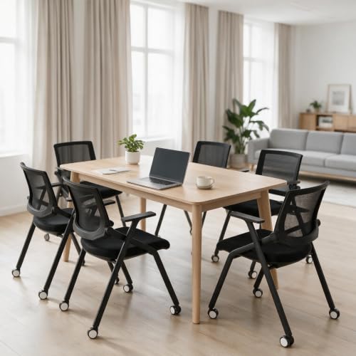 Image of 6 Pack Conference Room Chairs with Wheels and Paddle, Ergonomic Mesh Back and Arms for Meeting, Conference, Reception, Training Room & Home Office Desk Folding Chairs