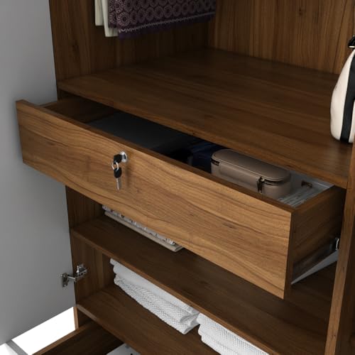 Image of Spacewood Apex 4 Door Wardrobe with Mirror | Frosty White Finish | Engineered Wood Almirah with 3 Drawers (1 Lockable), 2 Hanging Spaces & 1 Internal Locker | Bedroom Cupboard Almari | 3-Year Warranty