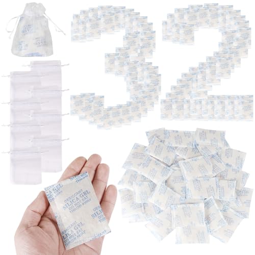 32 bolsas antimoho de gel de sílice, 10 gramos, bolsas absorbentes de humedad de grado alimenticio, bolsas de silicona deshumidificador con 10 bolsas con cordón para alimentos y ropa