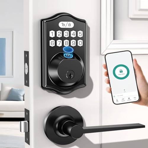 keyless Entry Door Lock deadbolt with Handle Set- Front Door Fingerprint Smart Locks with 2 Lever...