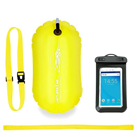 LimitlessXme Boya De Natación Amarilla con Funda para Móvil. Visibilidad y Seguridad al Nadar en el mar y en el Lago. Swim Buoy Inflable para Aguas Abiertas