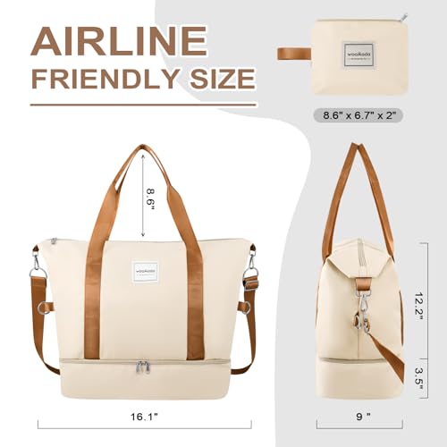 WOOMADA Weekender Duffel Bag for Women - Travel Overnight Bag with Shoe Compartment & Wet Pocket, Personal Item for Airlines, Sport Gym Tote (Beige & Brown) — view 2