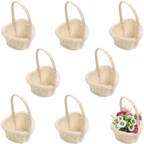 8 Pièces Panier en forme de cœur avec ruban, Panier De Mariage En Paille, paniers de fleurs de mariage pour enfant à fleurs, Matériau en rotin synthétique, mini en...