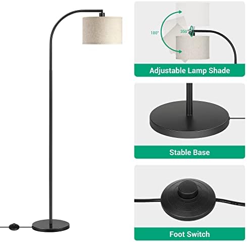 EDISHINE LED Floor Lamp, 63" Standing Lamp with Adjustable Linen Shade,Black Metal Arc Light Pole, Modern Simple Reading Light for Living Room, Lounge, E27 Socket