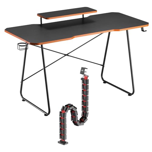 RS170 Gaming Desk avec Support de Moniteur, 136 x 60 cm, Porte-gobelet, Porte-Casque, Pieds antidérapants + Range-câbles RS125, modulaire, 20 Segments, Noir/Rouge