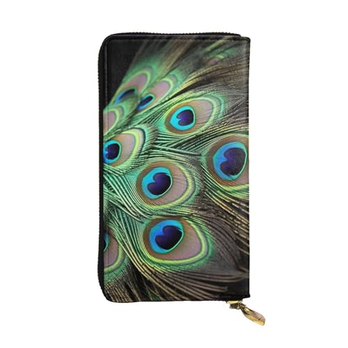 Women's Wallet Clutch Large Capacity Long Wallet Green Peacock Feather Leather Ladies Card Phone Holder Travel Purse