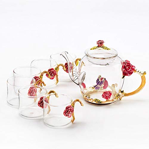 DSeenLeap Tee-Set/Teekanne-Set, hitzebeständiges Glas, Teekannen-Set, Tassen-Set, Blumen-Tee, Nachmittagstee-Set, rote Rose, siebenteiliges Set, chinesisches Set