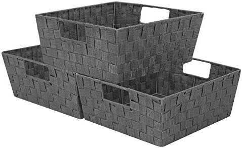Sorbus Woven Basket Bin Set - Shelf Storage Tote Baskets for Household Items - Stackable with Woven Straps & Built-in Carry Handles (Gray)