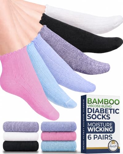 Image of Pembrook Frill Knit Diabetic Socks for Women & Men with Bamboo Viscose - 6 Pairs Non Binding Wide Neuropathy Socks for Women