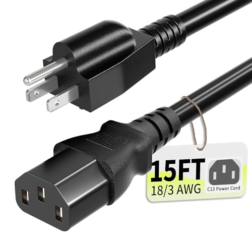 3 Prong AC Power Cord Cable 15ft 10 Amps 125 Volts 18AWG, NEMA 5-15P to C13, Black PC Power Cable for TV, Computer, Monitor, Printer, PlayStation, HP, Dell, Lenovo, Apple, Asus-ETL Listed