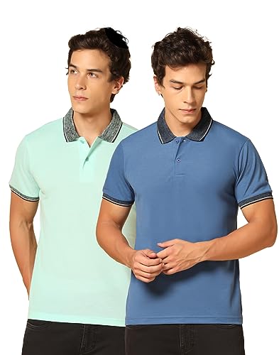 Image of INKKR Men's Solid Polo Collared Neck T-Shirt Combo (L.Green,L.Blue)-M
