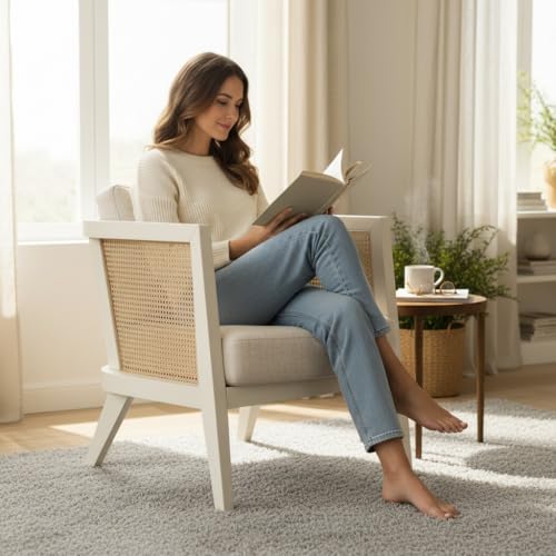Image of APRODZ Solid Wood Accent Chair for Living Room Mid Century Modern Wooden Upholstered Armchair with Cushion Lounge Chair Cane Back Wooden Frame for Living Room Bedroom Office Seating (White)