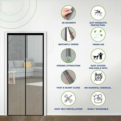 Image of N2K2 ENTERPRISE Polyester Magnetic Mosquito Net Curtain Compatible with All Door Types & Sizes Auto-Closing Insect Screen with Self Adhesive Hook Tape (210 * 100 cm-Black)