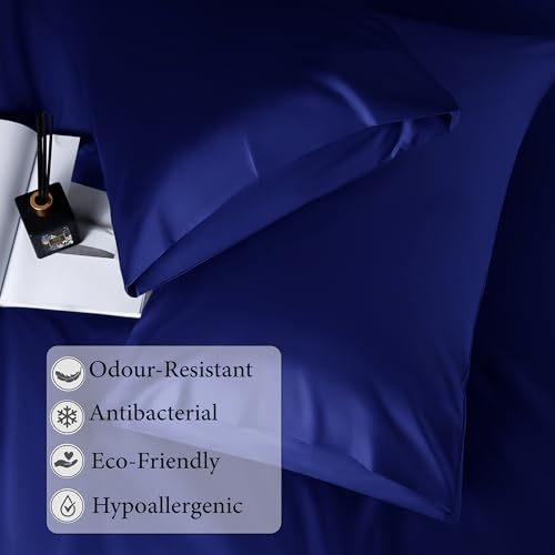 Image of RD TREND Microfiber Satin Weave Fitted Bedsheets for Queen Size Bed 78x60x10 Inch with 2 Pillow Covers-18x28 Inch | 400 TC All Around Elastic | Blue
