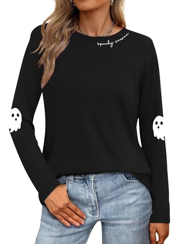 LAZYCHILD Halloween Shirts for Women Spooky Season Long Sleeve Halloween Ghost Graphic Shirt Fall Pumpkin Tops