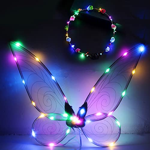 Qoier LED Fee Schmetterling Flügel Dress Up DIY Glitzernde Fee Prinzessin Flügel Party Favors Fairy Elf Engel Flügel für Kinder Erwachsene Cover