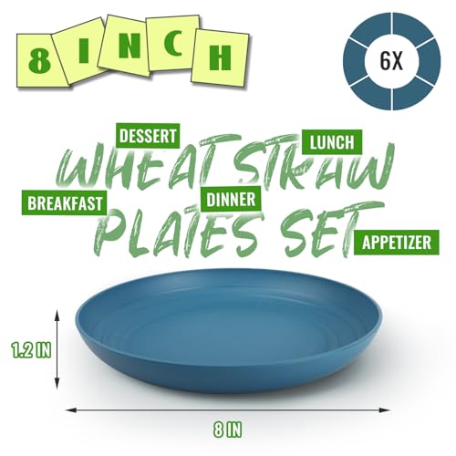 Image of 8In Wheat Straw Plates of 6, Unbreakable Deep Dinner Plates, Blue | Unbreakable & Lightweight Kids Dinner Plates for Kitchen, Camping, Party, Microwave and Dishwasher Safe