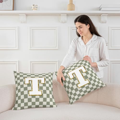 Image of Erosebridal Sage Green Checkered Throw Pillow Covers 18x18 Set of 2 Plaid Initial T Pillow Covers Personalized Monogram Cushion Cover Fashion Grids Gingham Pillow Cases for Couch Sofa