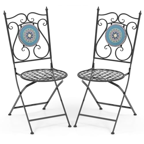 Giantex Set of 2 Patio Folding Chairs, Mosaic Bistro Chairs w/Backrest & Round Seat, Heavy-Duty Metal Frame, 330lbs Capacity, Outdoor Use for Porch Balcony Lawn