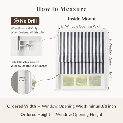 Image of TWOPAGES No Drill Cordless Roman Shades Classic Black Bordered Pinstripe Roman Blinds for Windows, Light Filtering Blackout Blinds Farmhouse Shades for Kitchen Customized Blinds, 1 Piece