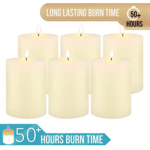 Image of Stonebriar Tall 3 x 4 Inch 50 Hour Long Burning Unscented Wax Flat Top Pillar Candles, Ivory, 6 Pack