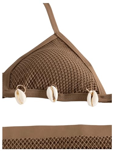 Image of WDIRARA Girl's 3 Piece Swimsuits Crochet Halter Bikini Set Bathing Suits with Cover Up Skirt Coffee Brown 9Y