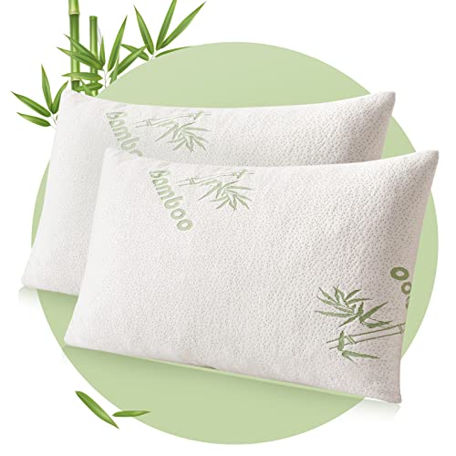 SHENGHOME Shredded Memory Foam Pillows Queen Size Set of 2 Bamboo Bed Pillows for Sleeping 2 Pack with Washable Bamboo Rayon Zipper Cover