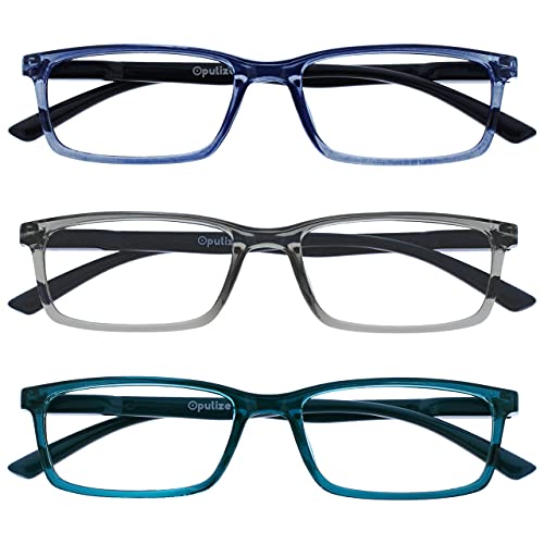 Image of OPULIZE SEE Reading Glasses with Blue Light Blocking for Women and Men, Narrow Frame, Spring Hinges, Computer Gaming Glasses, Blue,Grey,Turquoise +1 (Pack of 3)
