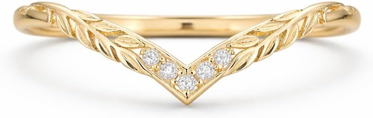 14K Yellow Gold V Shaped Leaf Engraved Stackable Bridal Ring CZ Diamond Wedding Band for Women Curved Anniversary Promise Jewelry Gift for Her