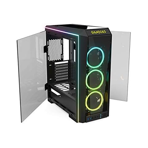 GAMDIAS RGB Gaming Mid-Tower Case Four-Sided Tempered Glass Four LED Strip Switchable IO Port with Three RGB Fans Cases Sync Motherboard TALOS P1A Cover