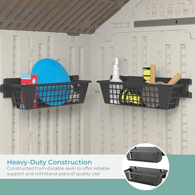 Suncast 2-Pack Accessory Baskets, Resin Organizers for Shed, Black, 25 x 7.25 x 7 - Outdoor Storage Organization, 30 lb Weight Capacity Per Shelf Basket, EZ Bolt Wall-Mount Assembly