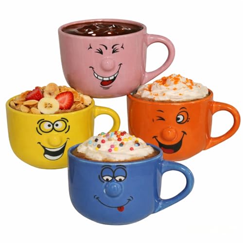 MundoTarros Set de 4 Tazas de Porcelana 420 ml - Diseño Divertido con Caritas en Colores Vibrantes - Ideales para Café, Té y Chocolate Caliente - Resistentes y Aptas para Microondas y Lavavajillas MundoTarros Set de 4 Tazas de Porcelana 420 ml - Diseño Divertido con Caritas en Colores Vibrantes - Ideales para Café, Té y Chocolate Caliente - Resistentes y Aptas para Microondas y Lavavajillas