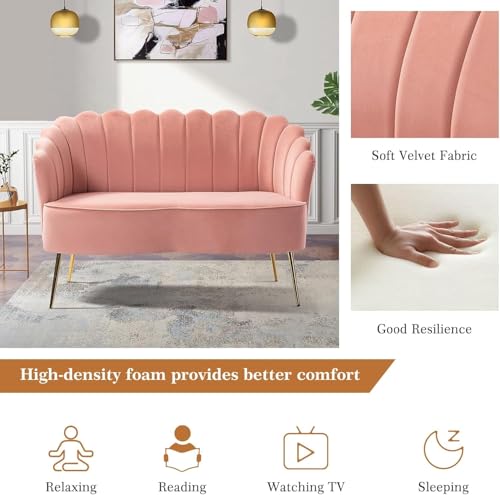 Image of Velvet 2 Seater Sofa Upholstered Loveseat Couch with Metal Legs Arm Backrest for Living Room Bedroom (Pink)