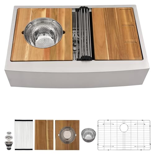 Talllor 33 Inch Farmhouse Kitchen Sink Apron Front Workstation All-In One 16 Gauge T-304 Stainless Steel Single Bowl Farm Barn Sink for Kitchen with Accessories #TLAS-002