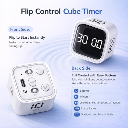 Image of Pomodoro Timer Cube for Study, Gravity Sensor Flip Auto Start 5 /10 /30 /60 Min & Custom Countdown, USB C Rechargeable Silent Focus Vibration Alert, ADHD Desk Productivity Timer for Students (White)