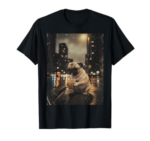 Pug Drinking Iced Coffee Lover Funny Animal Meme T-Shirt
