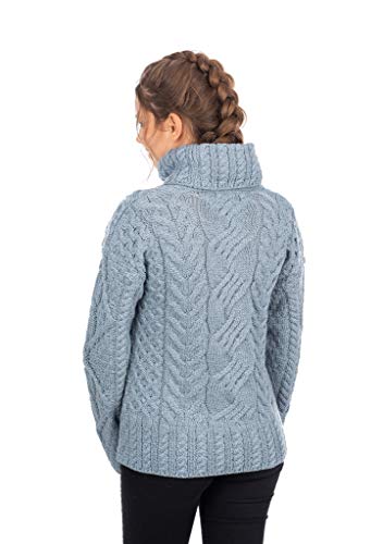 Image of SAOL 100% Super Soft Merino Wool Irish Cable Knit Turtleneck Women Sweater (Mist Marl, Medium)
