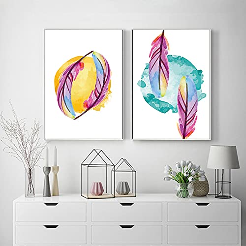 Lienzos de plumas de colores para decorar un salón moderno con arte abstracto nórdico de 50x70 cm