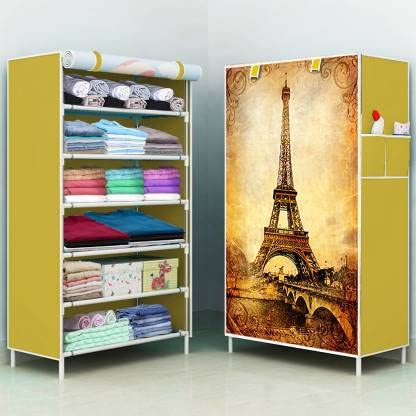 PYXBE 6-Tiers Multipurpose 6 Shelve Baby Wardrobe, Foldable, Collapsible Fabric Wardrobe Organizer for Clothes () (Iron Tower Yellow_Collapsible Wardrobe Rack)