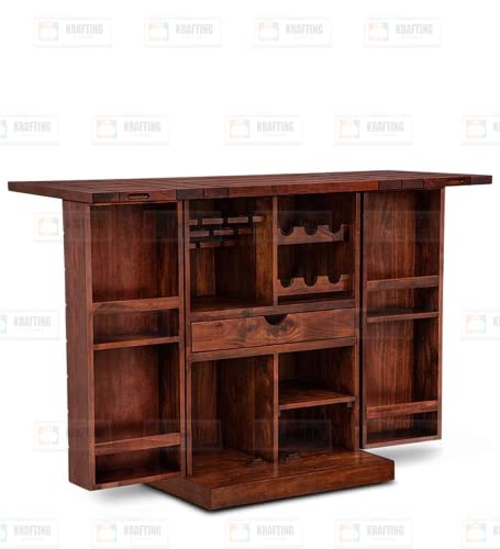 Image of Credenza Elegant Wooden Bar Cabinet | Home Bar Furniture with Storage | Wine Rack with Drawer | Ideal for Living Room in Honey Finish