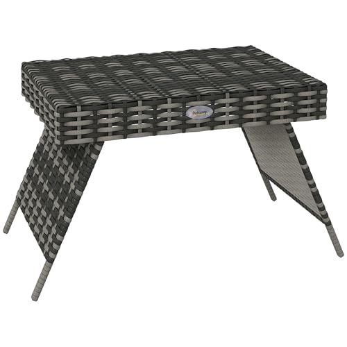 Outsunny Table basse pliable d'extérieur avec cadre en métal et rotin, table d'appoint pour pelouse, jardin, gris mélangé