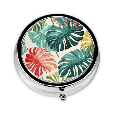 Red Green Palm Leaves Pill Box Travel Tropical Jungle Round