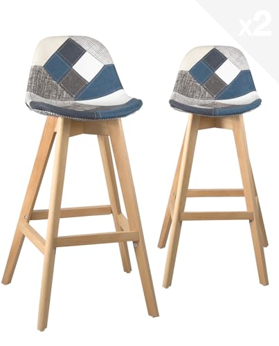KAYELLES Lot de 2 chaises de Bar scandinave, Hauteur 67 cm avec siège Patchwork Tissu rembourré, Pieds Bois de hêtre Naturel Mali (Patch Bleu)