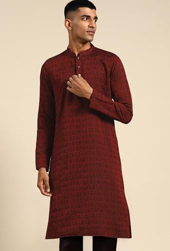 Kisah Mens Kurta, Silk Blend Jacquard Mandarin Collar Long Sleeves, Maroon Ethnic Wear For Men, 44