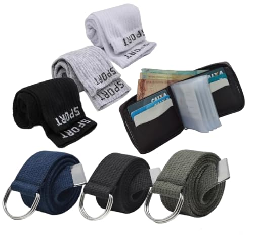 Kit 3 Cintos Masculino Modelo Argola Dupla + 1 Carteira com Fecho em Ziper + 3 Partes de Meias Sport (1.10)